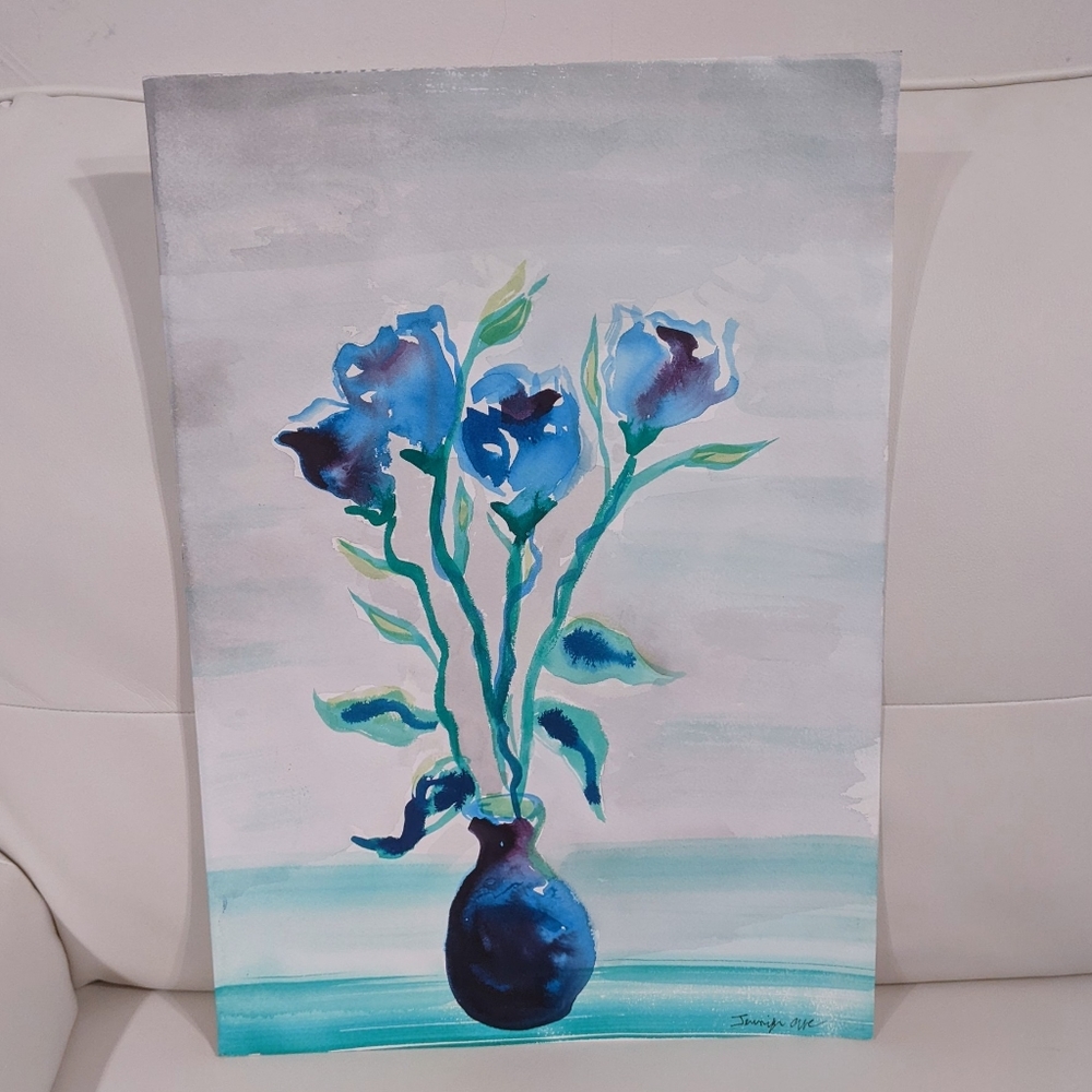 Original Signed Watercolor Painting Blue Roses - Picture 8 of 13